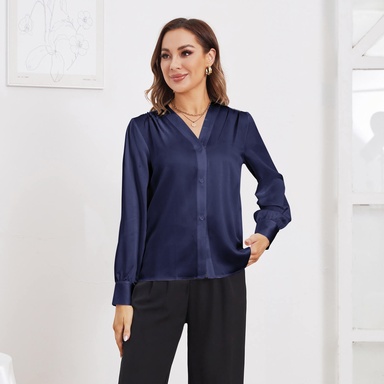 Women V Neck Silk Blouse Long Sleeves Office Work Silk Shirts Navy Blue XS