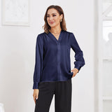 Women V Neck Silk Blouse Long Sleeves Office Work Silk Shirts Navy Blue XS