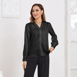 Women V Neck Silk Blouse Long Sleeves Office Work Silk Shirts Black XS