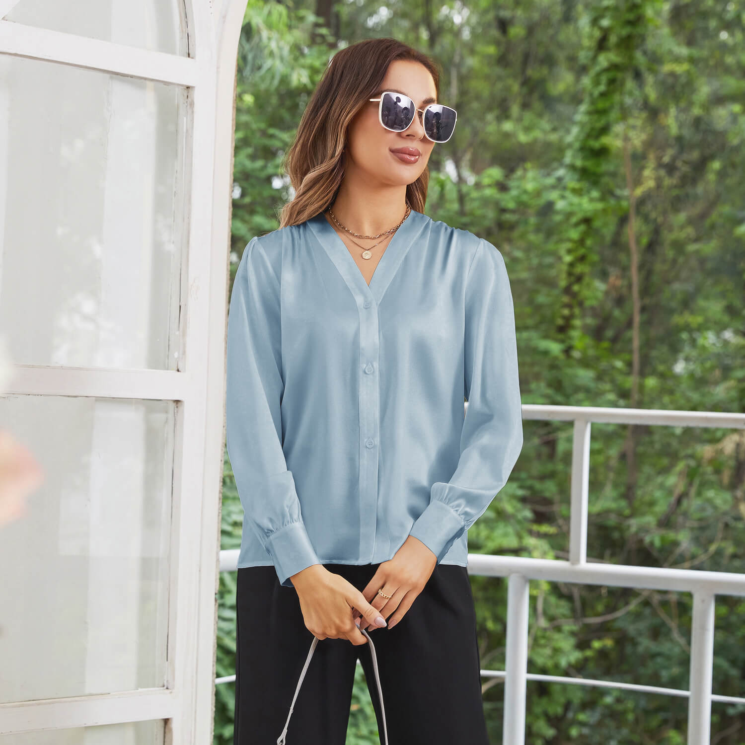 Women V Neck Silk Blouse Long Sleeves Office Work Silk Shirts Haze Blue XS