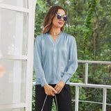 Women V Neck Silk Blouse Long Sleeves Office Work Silk Shirts Haze Blue XS