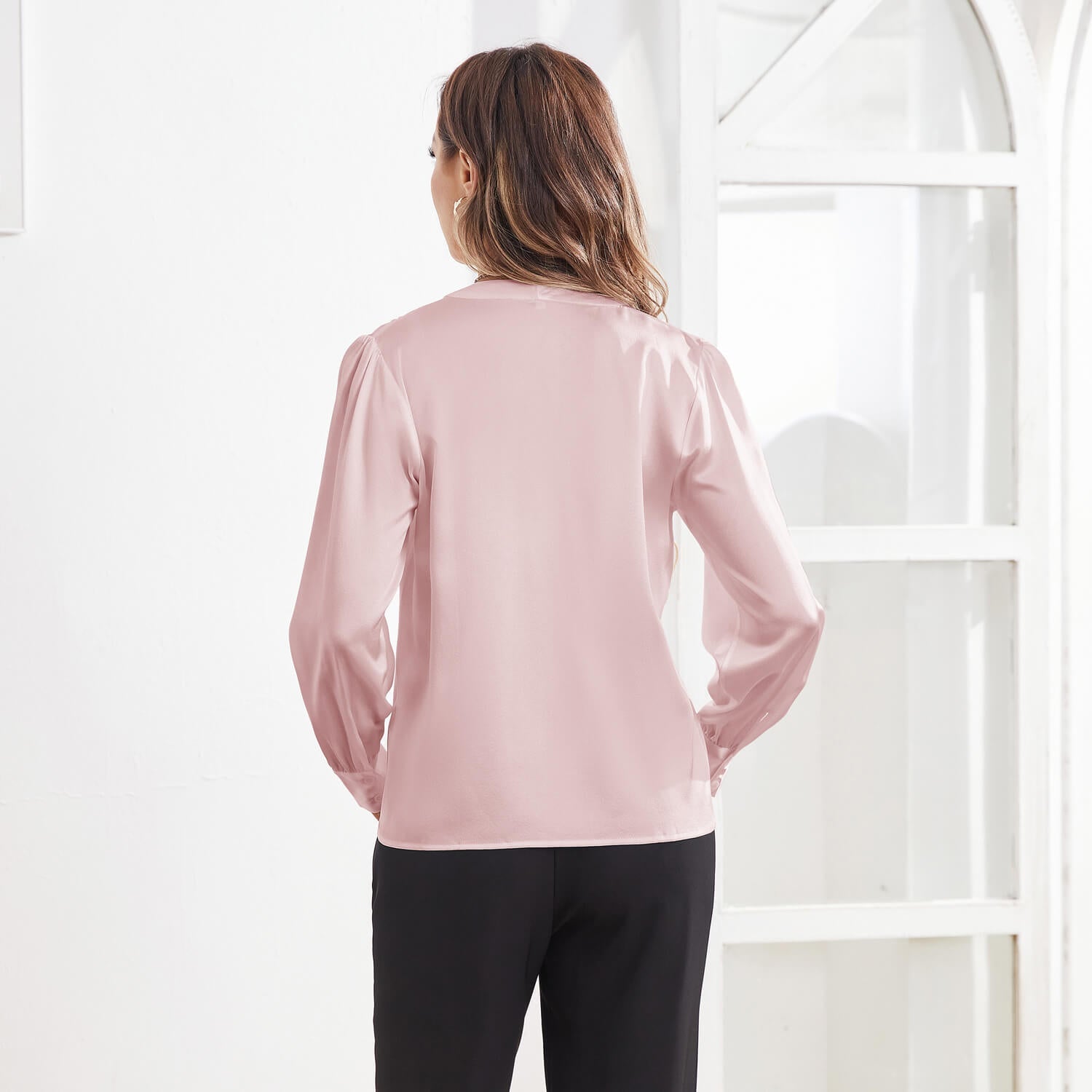 Women V Neck Silk Blouse Long Sleeves Office Work Silk Shirts Rosy Pink XS