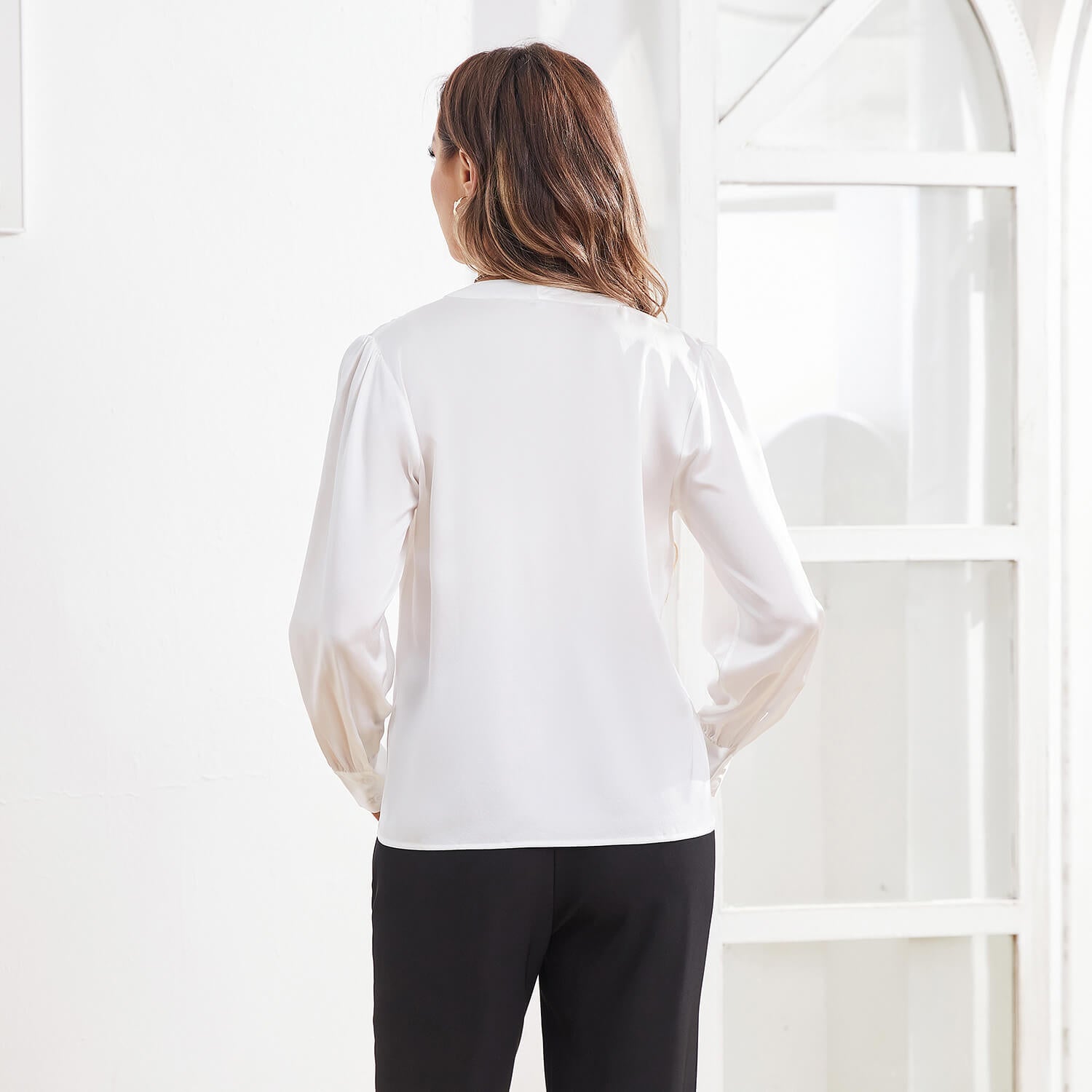 Women V Neck Silk Blouse Long Sleeves Office Work Silk Shirts White XS