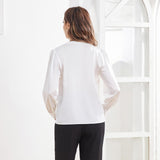 Women V Neck Silk Blouse Long Sleeves Office Work Silk Shirts White XS