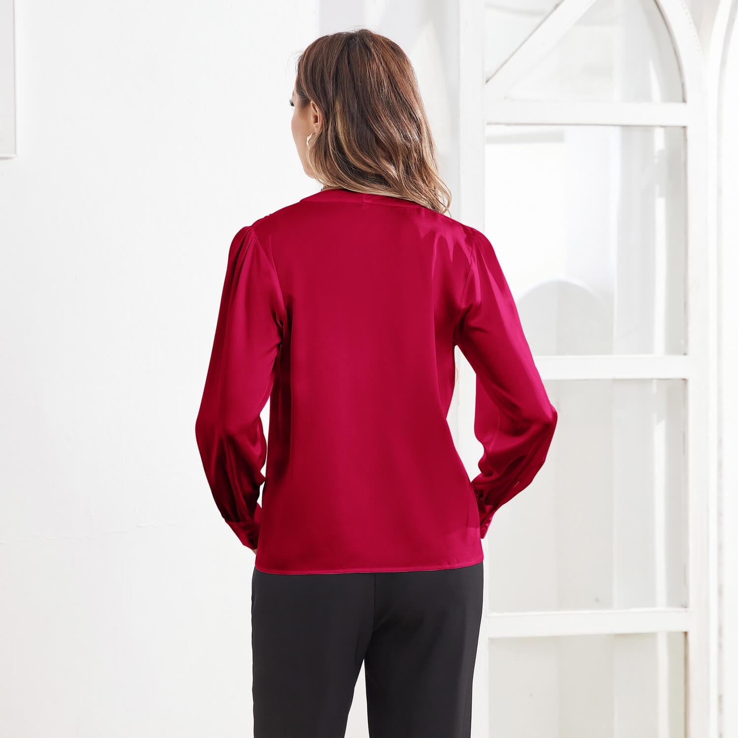 Women V Neck Silk Blouse Long Sleeves Office Work Silk Shirts Claret XS