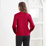 Women V Neck Silk Blouse Long Sleeves Office Work Silk Shirts Claret XS