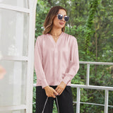 Women V Neck Silk Blouse Long Sleeves Office Work Silk Shirts Rosy Pink XS