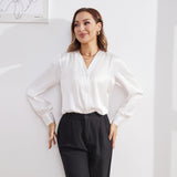 Women V Neck Silk Blouse Long Sleeves Office Work Silk Shirts White XS