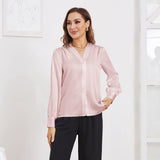 Women V Neck Silk Blouse Long Sleeves Office Work Silk Shirts Rosy Pink XS