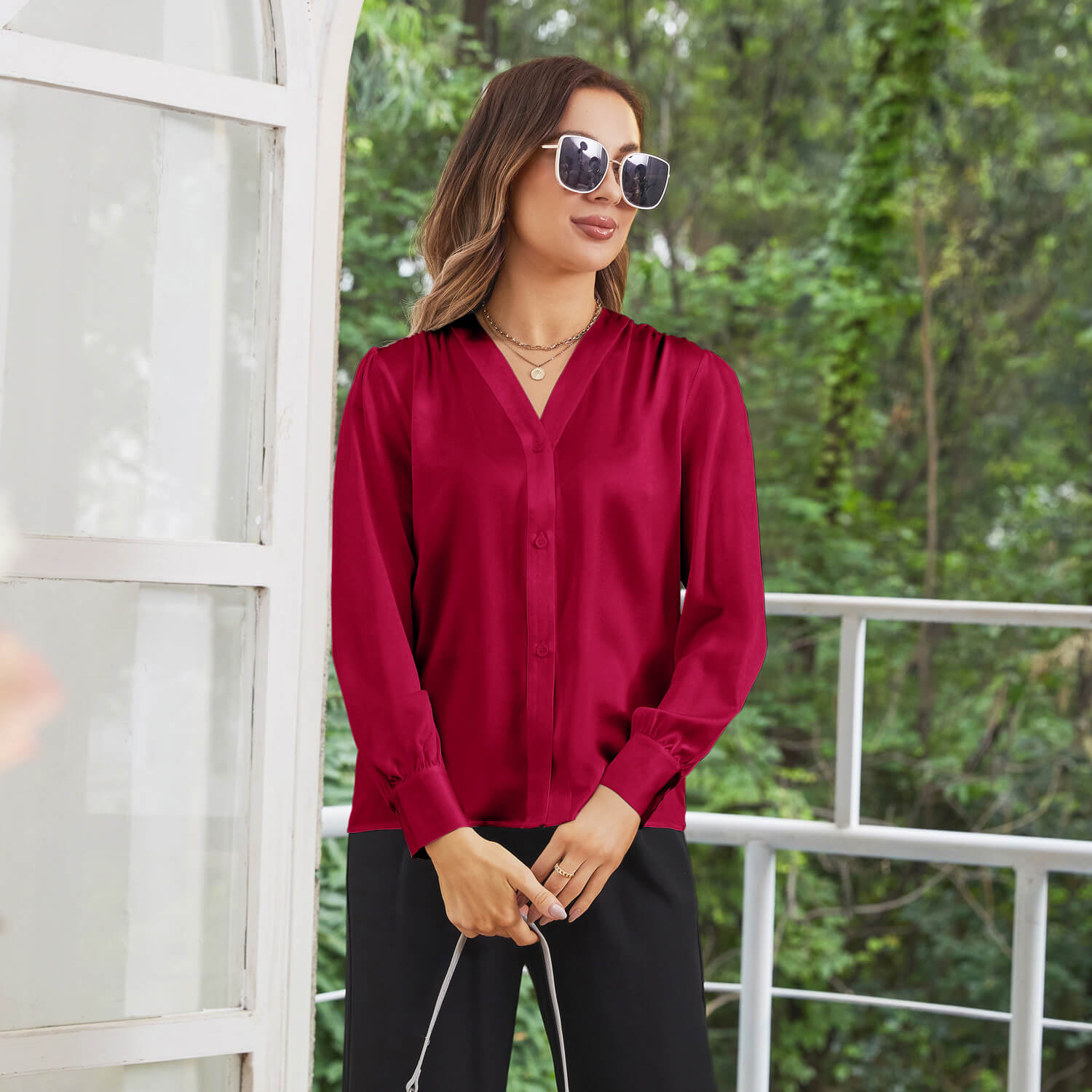 Women V Neck Silk Blouse Long Sleeves Office Work Silk Shirts Claret XS