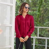 Women V Neck Silk Blouse Long Sleeves Office Work Silk Shirts Claret XS