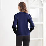 Women V Neck Silk Blouse Long Sleeves Office Work Silk Shirts Navy Blue XS