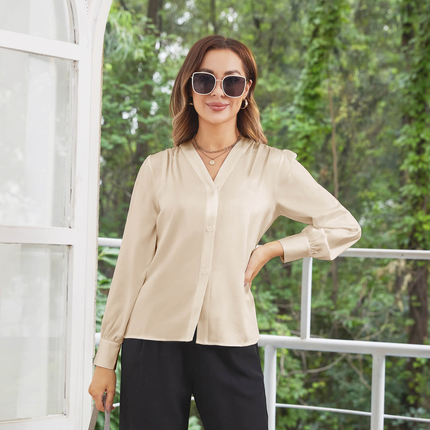 Women V Neck Silk Blouse Long Sleeves Office Work Silk Shirts Champagne XS