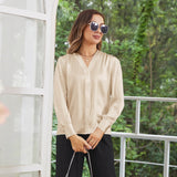 Women V Neck Silk Blouse Long Sleeves Office Work Silk Shirts Champagne XS