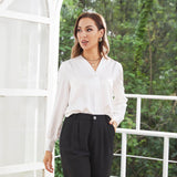 Women V Neck Silk Blouse Long Sleeves Office Work Silk Shirts White XS