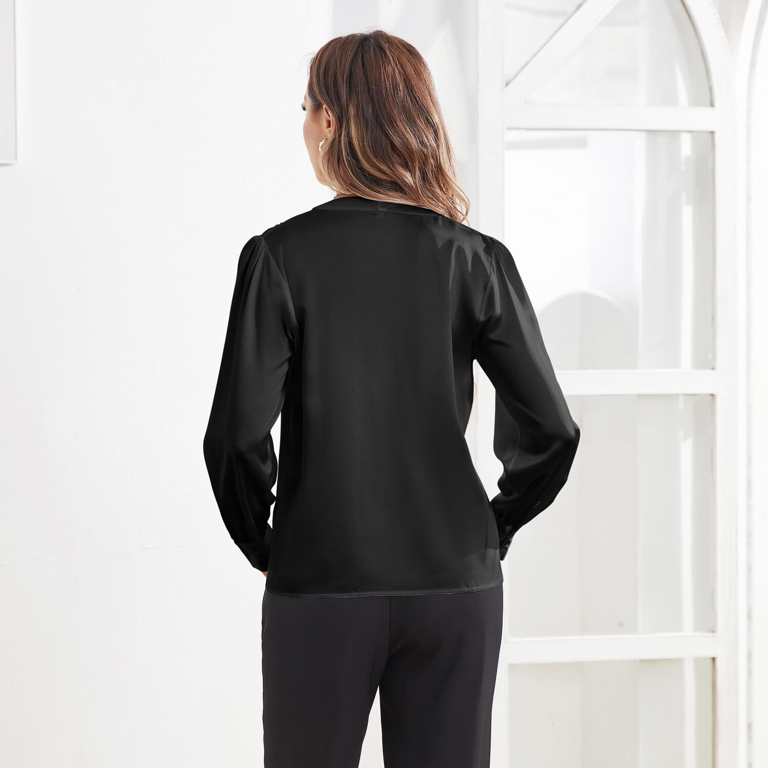 Women V Neck Silk Blouse Long Sleeves Office Work Silk Shirts Black XS