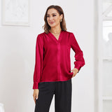 Women V Neck Silk Blouse Long Sleeves Office Work Silk Shirts Claret XS