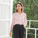 Women V Neck Silk Blouse Long Sleeves Office Work Silk Shirts Rosy Pink XS