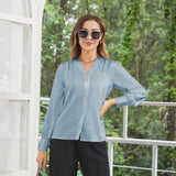 Women V Neck Silk Blouse Long Sleeves Office Work Silk Shirts Haze Blue XS