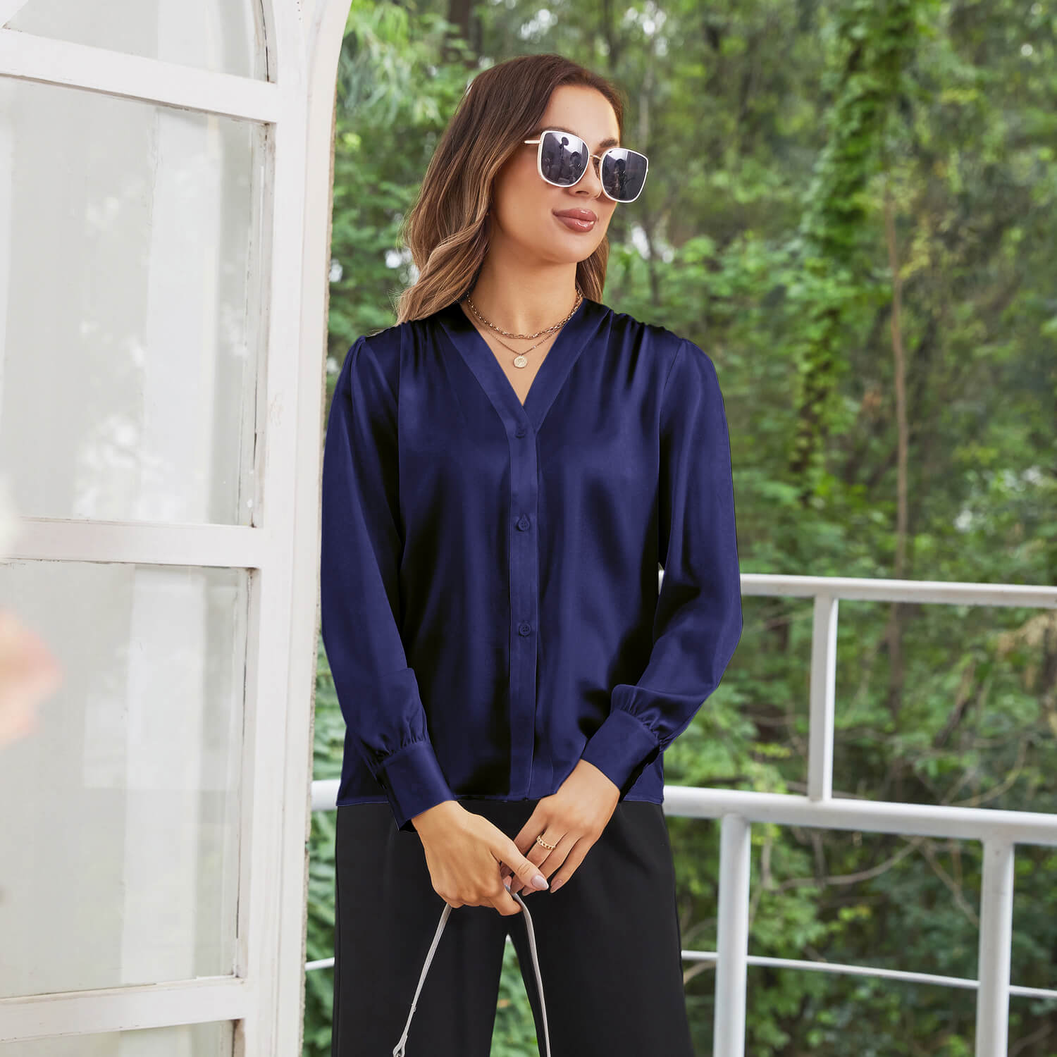 Women V Neck Silk Blouse Long Sleeves Office Work Silk Shirts Navy Blue XS