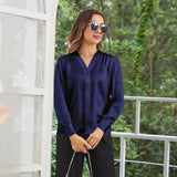Women V Neck Silk Blouse Long Sleeves Office Work Silk Shirts Navy Blue XS