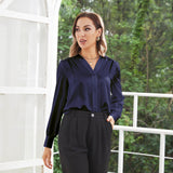 Women V Neck Silk Blouse Long Sleeves Office Work Silk Shirts Navy Blue XS