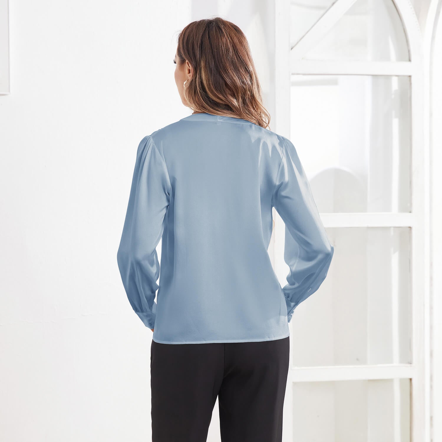 Women V Neck Silk Blouse Long Sleeves Office Work Silk Shirts Haze Blue XS