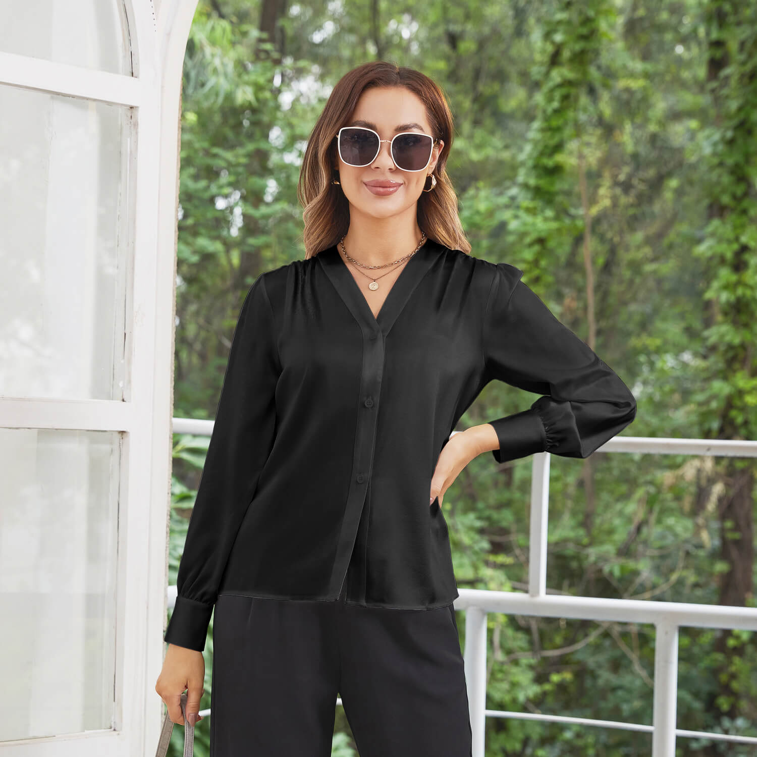 Women V Neck Silk Blouse Long Sleeves Office Work Silk Shirts Black XS