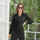 Women V Neck Silk Blouse Long Sleeves Office Work Silk Shirts Black XS