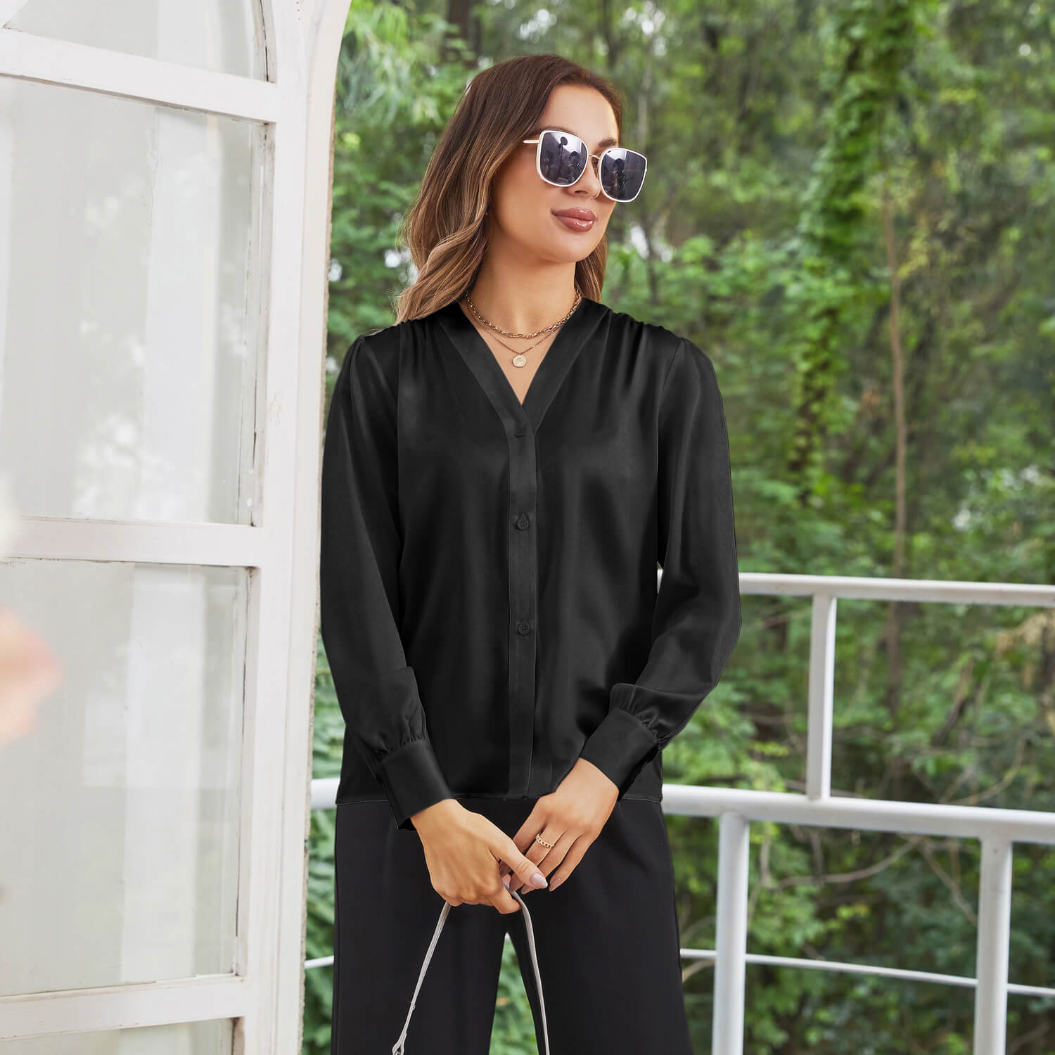 Women V Neck Silk Blouse Long Sleeves Office Work Silk Shirts Black XS