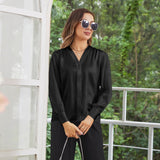 Women V Neck Silk Blouse Long Sleeves Office Work Silk Shirts Black XS