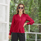 Women V Neck Silk Blouse Long Sleeves Office Work Silk Shirts Claret XS