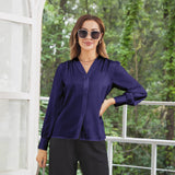 Women V Neck Silk Blouse Long Sleeves Office Work Silk Shirts Navy Blue XS