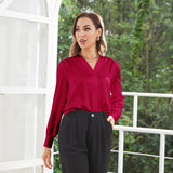 Women V Neck Silk Blouse Long Sleeves Office Work Silk Shirts Claret XS