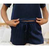 Womens Short Sleeve Silk Pajama Set Contrast Trim Silk PJ Set Navy Blue XS