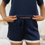 Womens Short Sleeve Silk Pajama Set Contrast Trim Silk PJ Set Navy Blue XS