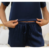 Womens Short Sleeve Silk Pajama Set Contrast Trim Silk PJ Set Navy Blue XS