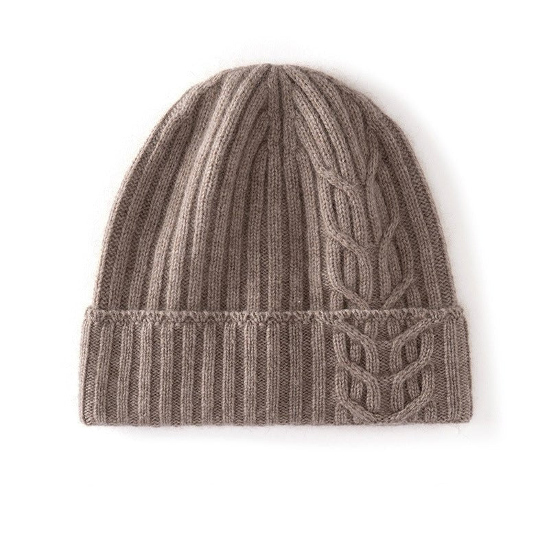 Womens 100% Cashmere Beanie Cable Knit Cashmere Hat Ribbed Fold Brim Taupe M