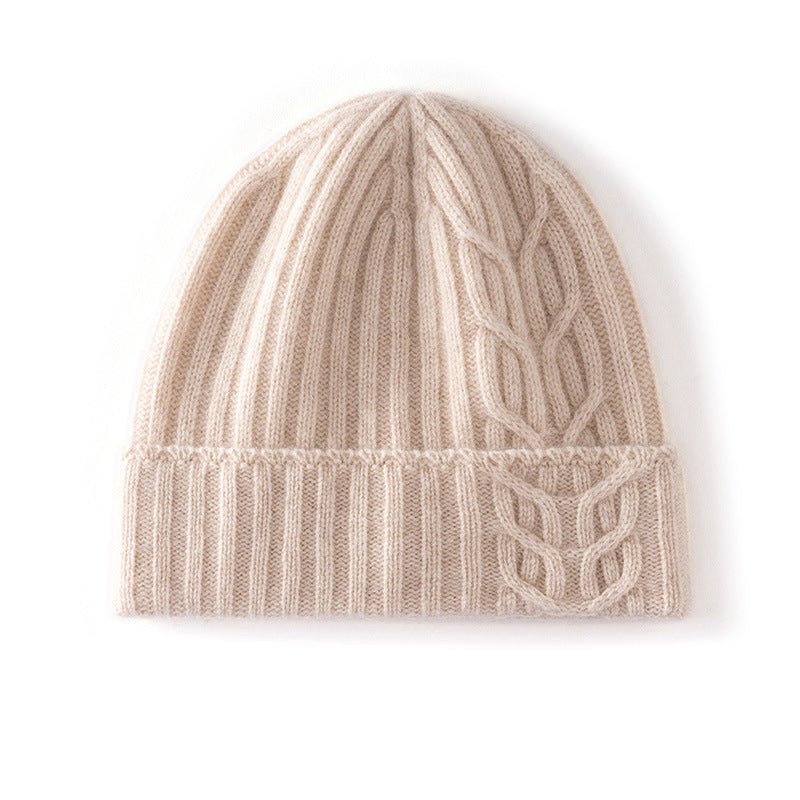 Womens 100% Cashmere Beanie Cable Knit Cashmere Hat Ribbed Fold Brim Beige M