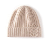 Womens 100% Cashmere Beanie Cable Knit Cashmere Hat Ribbed Fold Brim Beige M