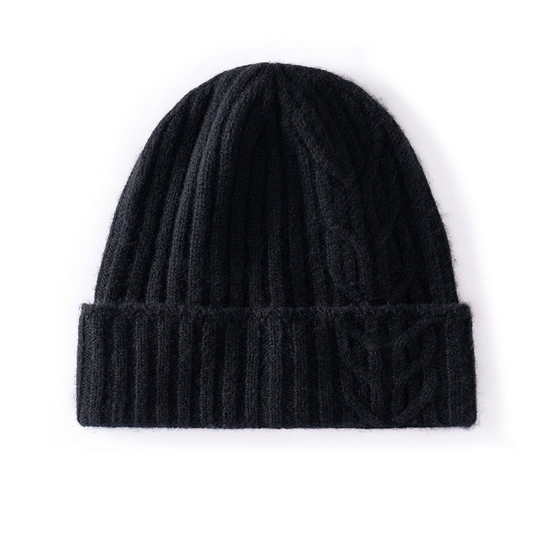Womens 100% Cashmere Beanie Cable Knit Cashmere Hat Ribbed Fold Brim Black M
