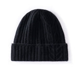 Womens 100% Cashmere Beanie Cable Knit Cashmere Hat Ribbed Fold Brim Black M