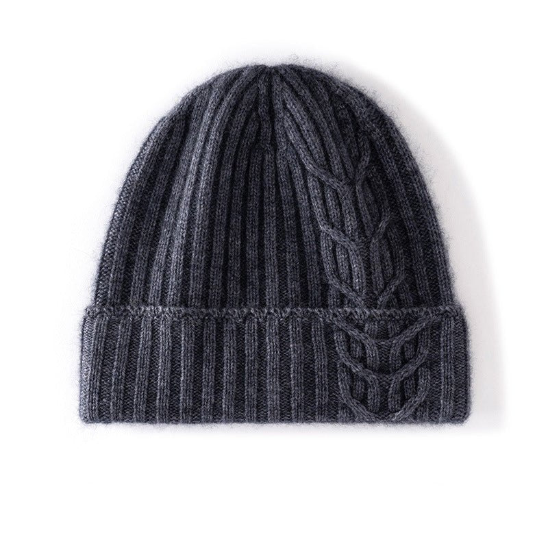 Womens 100% Cashmere Beanie Cable Knit Cashmere Hat Ribbed Fold Brim Grey M