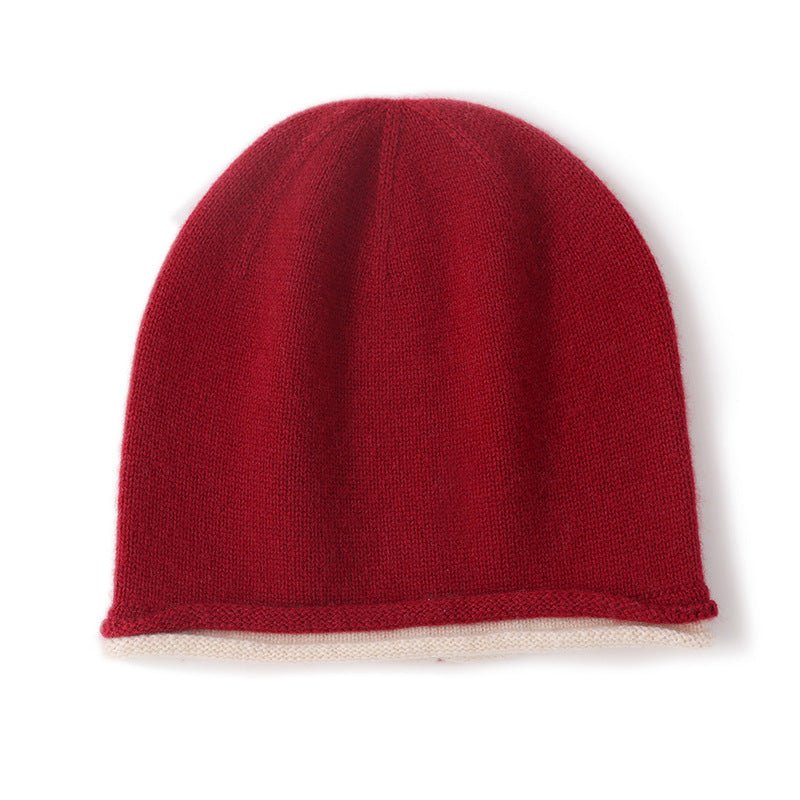 Womens Reversible Double - Layer Cashmere Beanie Knitted Cashmere Hats Red M