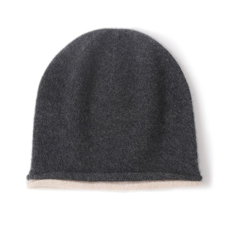 Womens Reversible Double - Layer Cashmere Beanie Knitted Cashmere Hats Gray M