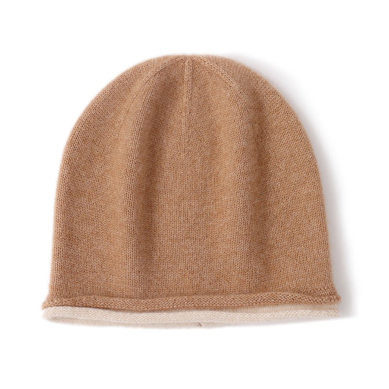 Womens Reversible Double - Layer Cashmere Beanie Knitted Cashmere Hats Camel M