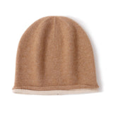 Womens Reversible Double - Layer Cashmere Beanie Knitted Cashmere Hats Camel M