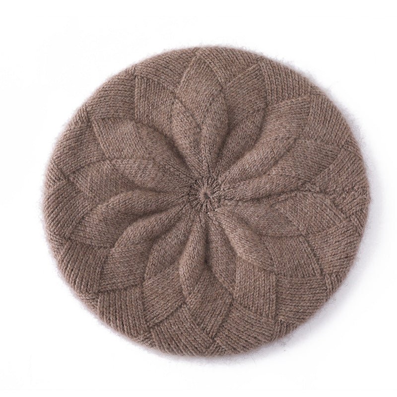 Womens 100% Cashmere Beret Cashmere Painter Hat Layered Petal Textured Knit Taupe M
