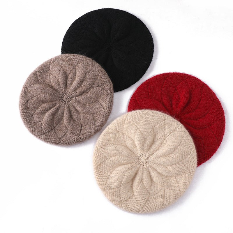 Womens 100% Cashmere Beret Cashmere Painter Hat Layered Petal Textured Knit Black M