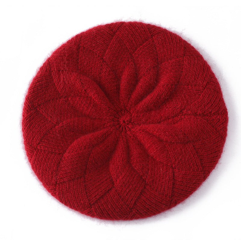 Womens 100% Cashmere Beret Cashmere Painter Hat Layered Petal Textured Knit Claret M
